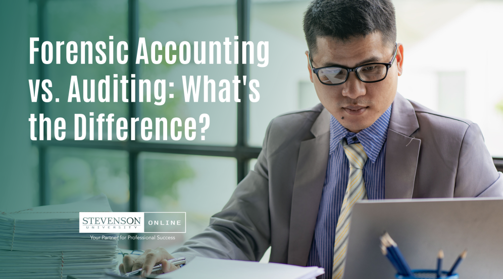 Photo of man wearing glasses and a suit with a computer with text that says Forensic Accounting vs. Auditing: What's the Difference?